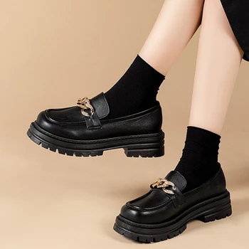 2023 Женские лоферы на платформе Кожаные туфли на платформе Повседневная обувь с круглым носком Женские слипоны в британском стиле Черный