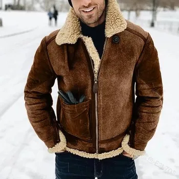 2023 Зимняя новая искусственная кожа Плюшевая меховая интегрированная куртка Мужская теплая куртка Утолщенная контрастного цвета Модная повседневная куртка