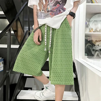 2023 Летние мужские зеленые вафельные шорты Корейская мода High Street Y2K Короткие брюки Повседневный тренажерный зал Хип-хоп Пляж Бермудские острова Hombre