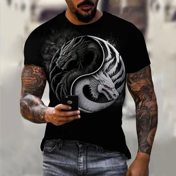 2023 Новая горячая летняя 3D-футболка Elder Dragon Graphic для мужчин и женщин с коротким рукавом черно-белые топы оверсайз из полиэстера