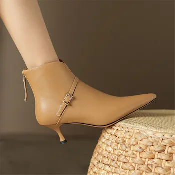 2023 Осень Спилки Кожа Модные Короткие Сапоги Ботильоны с острым носком для женщин Зимние сапоги на высоком каблуке Женщины Zapatos De Mujer
