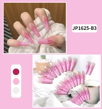 24 шт. Розовое пламя Напечатанный Нашивка для ногтей Тип клея Съемный Супер Длинный Абзац Модный Маникюр Накладной Ногти DL