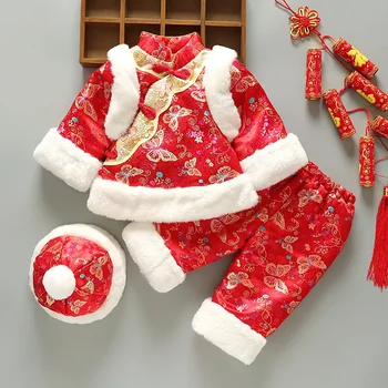 3 PC Set Китайский традиционный костюм Новорожденный Малыш Тан Костюм Новый год Утолщение одежды Зимняя вышивка День рождения Фестиваль Подарок