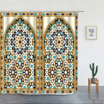 3D Марокканская занавеска для душа Состаренные ворота Геометрический узор Дизайн дверного проема Вход Архитектура Восточный стиль Шторы для ванной комнаты