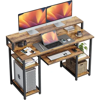 47 дюймов Компьютерный стол с полками для хранения Подставка для монитора Лоток для клавиатуры, Rustic Brown