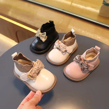 Baby Girls PU Leather Shoes 2023 Зимняя плюшевая теплая новая обувь с бантом Fashion Princess Детская обувь в корейском стиле Маленькие дети Мэри Джейнс