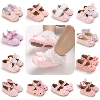 Baby Весна и осень Милый бант Розовый мягкий резиновый низ Противоскользящая обувь принцессы 0-18 месяцев Newborn Casual Walking Shoes