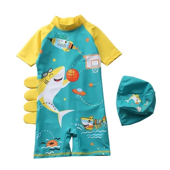 Fun Cartoon Сплошной купальник с коротким рукавом и шапочкой для плавания для мальчиков в возрасте от 1 до 6 лет - Удобные купальники для малышей