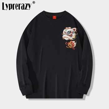 Lyprerazy Новый китайский стиль Awake Lion Вышивка Толстовки с круглым вырезом Мужские осенне-зимние хлопковые свободные пуловерные топы