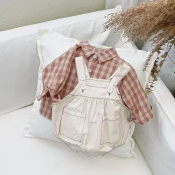 Melario Детская клетчатая рубашка и свободный комбинезон Sling Baby Solid Soft Bodysuit 2pcs Set Kid Autumn Casual Suit Baby Girl Outfit Sets