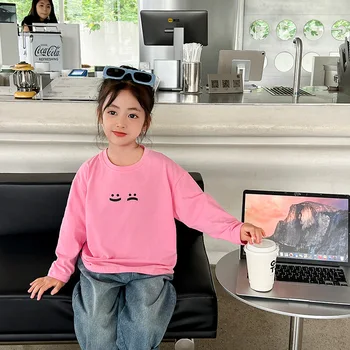 OEING Детская футболка с длинными рукавами 2023 Осенняя хлопковая майка с принтом Корейская версия Пуловер с круглым вырезом для мальчиков и девочек