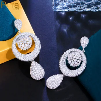 Pera Luxury African Cubic Цирконий Свадебная вечеринка Длинные висячие серьги для женщин Дубай Свадебный Серебряный Цвет Ювелирные Изделия Подарок E387
