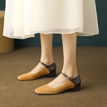 Phoentin элегантные женские мягкие туфли в стиле пэчворк Мэри Джейнс 2024 весна новая вечеринка на низком каблуке Туфли из натуральной кожи с квадратным носком FT3150
