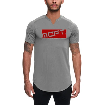 V-образным вырезом с коротким рукавом мужская футболка Slim Fit мужская футболка Skinny повседневная летняя футболка для тренировок бодибилдинг фитнес футболка для мужчин