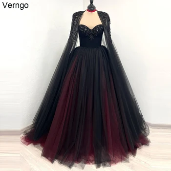 Verngo Fantasy Готическое черное свадебное платье Sweetheart Beadings Платье невесты с накидкой Тюль Шнуровка Гражданское свадебное платье Хэллоуин