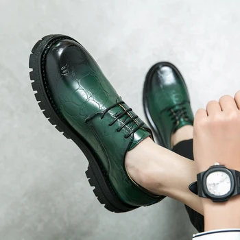 WEH Мужчины Высокое Качество Модная Повседневная Обувь Шнуровка Круглый Носок Толстая Подошва Повышенная Зеленая Кожаная Обувь Бизнес-тенденция Обувь