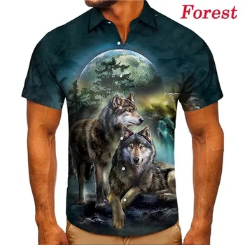 Wolf Animel 3D-печатные рубашки Fom Мужчины Повседневная мода с коротким рукавом Лацканы Топы Полиэстер Уличная рубашка Рубашки на пуговицах Мужчины