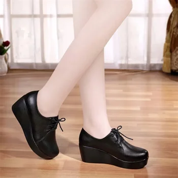 Zapatos De Mujer Женская мода Черный Круглый Носок Танкетка Каблук Обувь Sapatos Femininas Lady Повседневная Сладкая Студенческая Школьная Обувь E1416