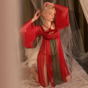 Античные платья с разрезом Сексуальная перспектива Ханьфу Юбка Красный Китайский Женское Традиционное Платье Ретро Длинные рукава Ночная Рубашка Ночная Рубашка