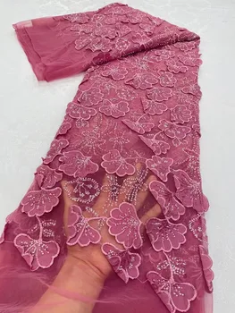 Африканская кружевная ткань 2024 Высокое Качество Французский 3D Цветочный Вышивка Бусины Тюль Кружевная Ткань 5 Ярдов Для Вечернего Платья YY450