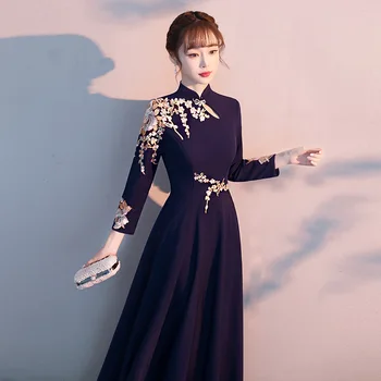 Вечернее платье для вечеринок Элегантный с длинным рукавом Cheongsam Женщины Китайский Длинный Qipao Выпускное платье Вышивка Аппликация Vestidos плиссированное платье