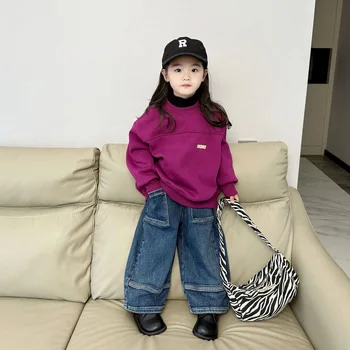 Детские брюки для девочек Корейская осень-зима Детская одежда Плюшевая утолщенная свитер с круглым вырезом Свободные джинсы Tide Круглый воротник
