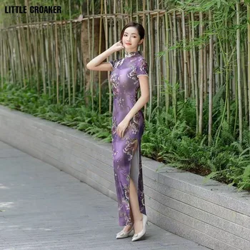 Длинное облегающее Чонг Сум Азиатские платья для женщин Фиолетовый Белый Атлас Qipao Улучшенное Чхонсам Ретро Длинное Китайское Платье