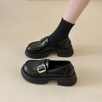 Женская повседневная кожаная обувь Черные массивные лоферы на платформе для женщин Британский стиль Слип на платформе Мэри Джейнс Лолита Обувь
