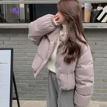 Женская розовая укороченная парка зимняя теплая куртка с воротником-стойкой Женская хлопковая куртка в корейском стиле с длинным рукавом