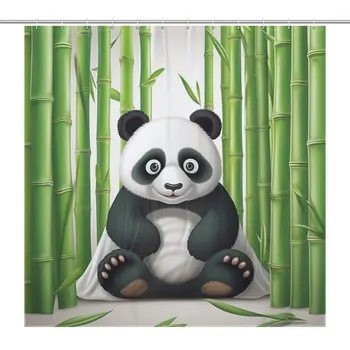  Зеленая тропическая панда Бамбук Ванна Занавески для душа Удлиненная ткань Декор ванной комнаты Водонепроницаемый 12 шт. Крючки
