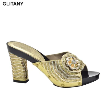  Золотой цвет Итальянская леди Сексуальные туфли на высоком каблуке, украшенные стразами Итальянский дизайн Африканские сандалии Обувь для вечеринки Италия Обувь