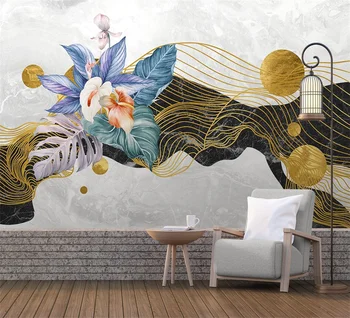 Индивидуальные большие фрески, современная абстрактная ручная роспись, золотые линии, цветы, пейзаж, тропические растения, фотоукрашение, 3d обои