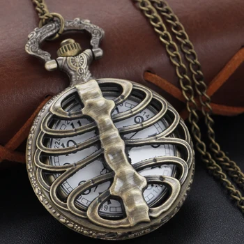Интересные полые ребристые кварцевые карманные часы с ребристой формой, винтажный бронзовый браслет, ожерелье для подарков на Хэллоуин для мужчин и детей