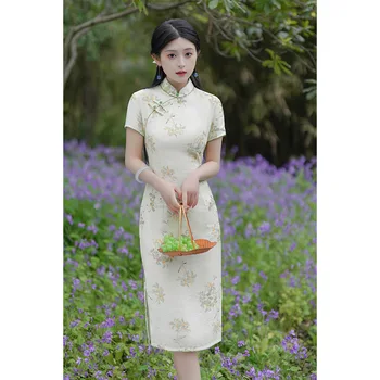 Китайское национальное льняное платье Cheongsam с коротким рукавом Винтаж Женщины Цветочный принт Qipao