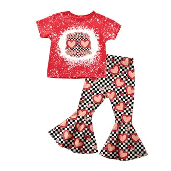 Коллекция ко Дню святого Валентина Одежда для девочек Красный топ черно-белый плед в виде сердца расклешенные трусы одежда для девочек Детская одежда