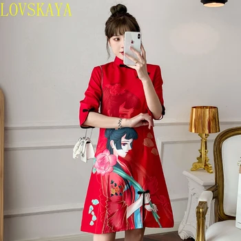 Летнее повседневное красное элегантное карнавальное платье с принтом для девочек в клетку для женской традиционной китайской одежды