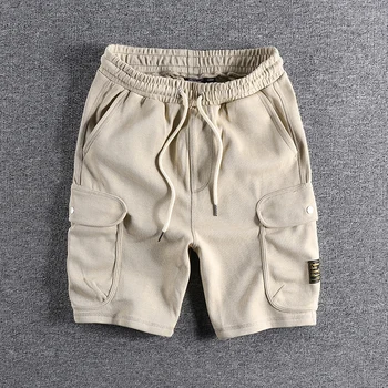 летние японские ретро тяжеловесные трикотажные шорты мужская мода из чистого хлопка с несколькими карманами на шнурке повседневные спортивные 5-точечные брюки
