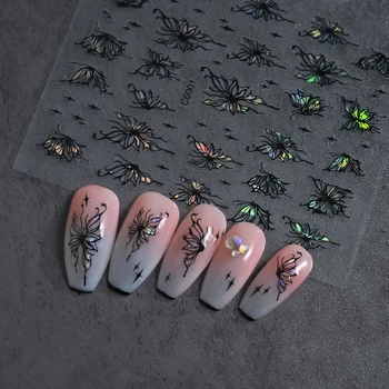 Металлический Черный Бабочка Наклейки для ногтей 3D Темный стиль Подвески Ползунки Голографические Полые Крылья Бабочки Наклейки Украшения для ногтей
