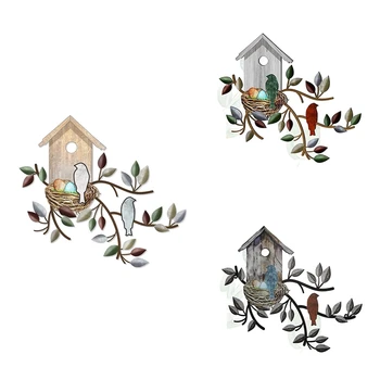Металлическое висячее дерево со скворечником Настенное искусство Наружный настенный декор Украшения для птиц для дома Декор стен из металлического листа