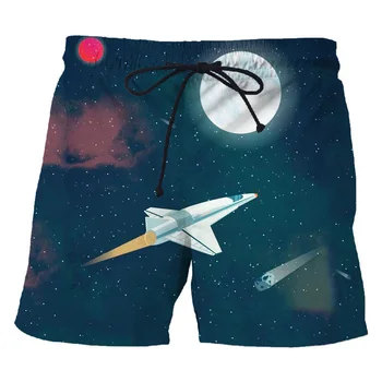  Модная 3D-печать Мужские пляжные шорты с ракетным космическим кораблем Быстросохнущие летние плавки Спортивные шорты Большие размеры Шорты для серфинга