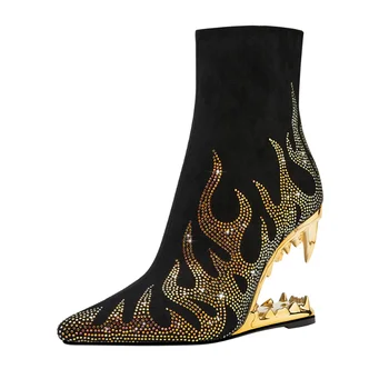 Модные короткие сапоги европейских и американских брендов, женские нестандартные короткие сапоги на высоком каблуке, банкетные сапоги Fashion Flame со стразами