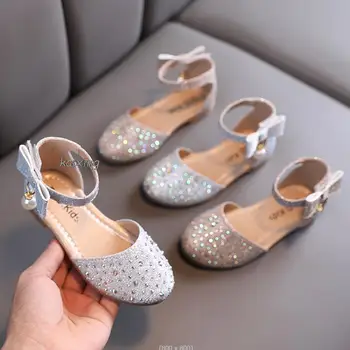 Новая детская обувь принцессы весна-лето для девочек горный хрусталь бант детская обувь на плоской подошве с мягким дном обувь для вечеринок для девочек размер 21-36