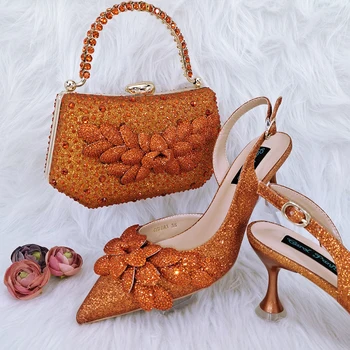 Новая нигерийская обувь с набором сумок Цветочный стиль Декоративная мода Элегантная остроконечная женская неглубокая обувь Хрустальная ручка Клатчи