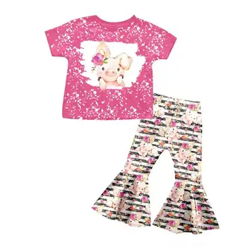 Новое поступление девушки летний цветок свинья принт тай-дай светло-розовый топ матч цветы принт брюки детский наряд с коротким рукавом