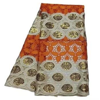 Оранжевый/Золотой Африканские пайетки Кружевная ткань Красочная водорастворимая Нигерия Гипюровый шнур Кружевная ткань Высококачественный материал платья Шить