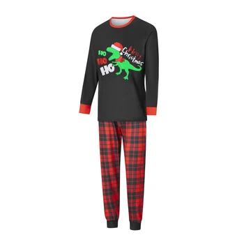 Рождественская семейная пижама Подходящий комплект Футболка с длинным рукавом и принтом динозавра с клетчатыми брюками Одежда для сна Домашняя одежда