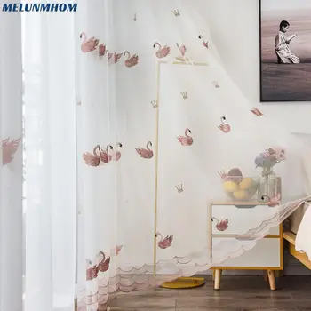 Розовые / белые вышитые шторы из тюля лебедя для детей принцесса гостиная спальня прозрачная пряжа сетчатая ткань оконные экраны кухня