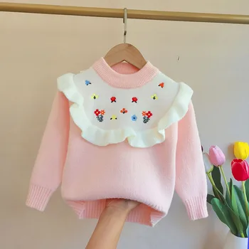 Свитер для девочек с цветами Свитер с отложным воротником для корейской детской одежды Симпатичные детские свитера для девочек Мягкий трикотажный пуловер