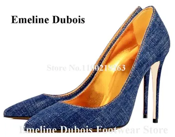 Синие джинсовые туфли Emeline Dubois Остроконечный носок Шпилька Джинсовые туфли Слипоны 8 см 10 см 12 см Классическая обувь Большой размер Каблуки