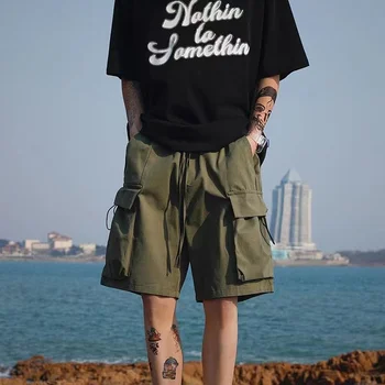 Шорты-карго с большими карманами Японские винтажные полубрюки, Origina Hong Kong Модные мужские опрятные американские уличные штаны